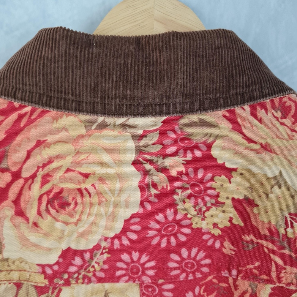 LL Bean Jacket Womens Medium Red Floral Canvas Corduroy Collar Lined Barn Coat - Picture 11 of 16